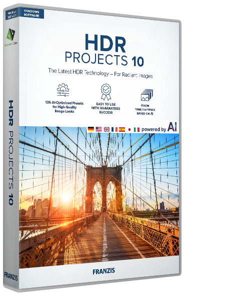 HDR Projects 10 software box by Franzis, featuring a sunset bridge photo on the cover with blue title text and Windows software label on the top edge.