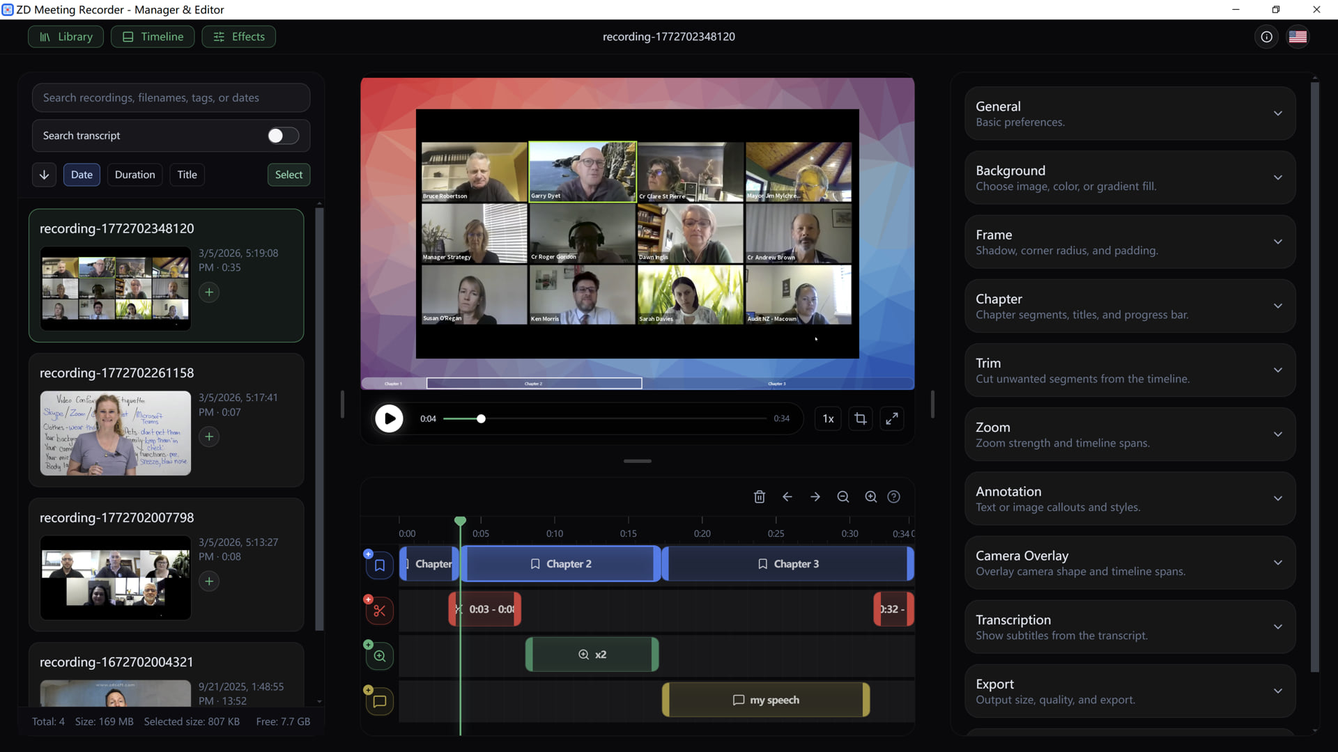 Screenshot of ZD Meeting Recorder editor: a dark UI showing a multi-part meeting with a video grid, timeline with chapters, and side panels for library and settings.