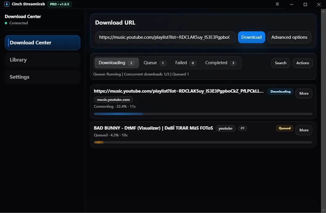 Dark Cinch StreamGrab window showing Download Center with a URL input and a blue Download button (informational UI).
