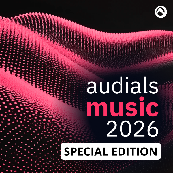 Poster for Audials Music 2026 Special Edition featuring pink wave pattern and a round logo in the top-right corner.