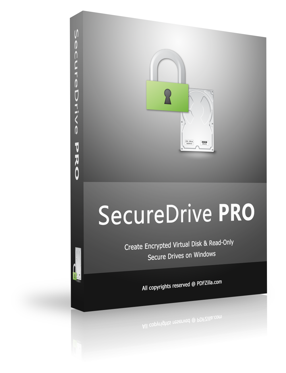 SecureDrive PRO software box with a padlock icon over a hard drive and product branding on a gray gradient background, conveying encryption software.